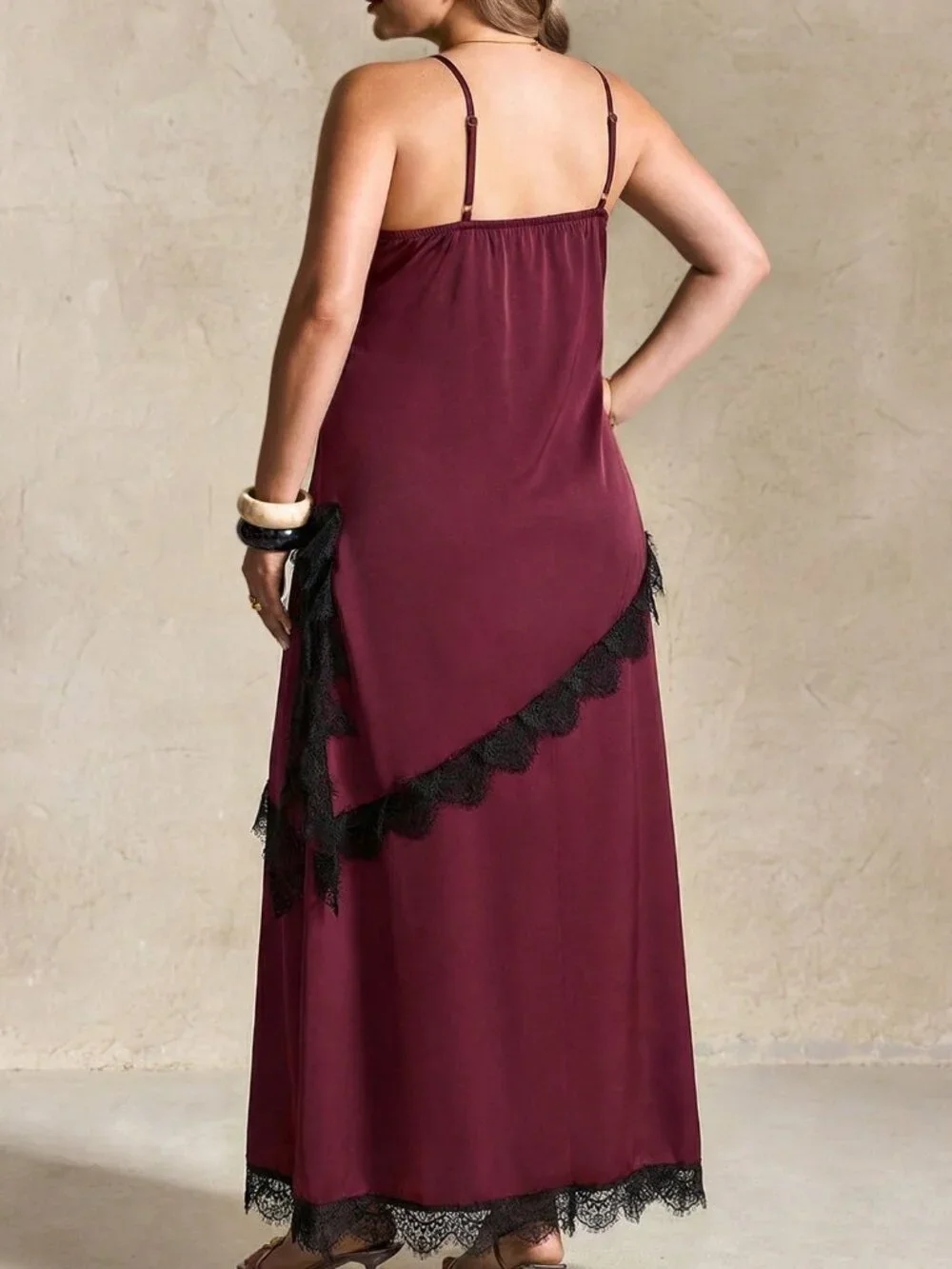 Burgundy Casual Women's Contrast Lace Ruffle Spaghetti Strap Midi Skirt Set
